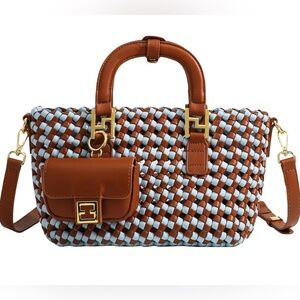 DSGUTWO Woven Tote Bag Brown and Blue Handbag